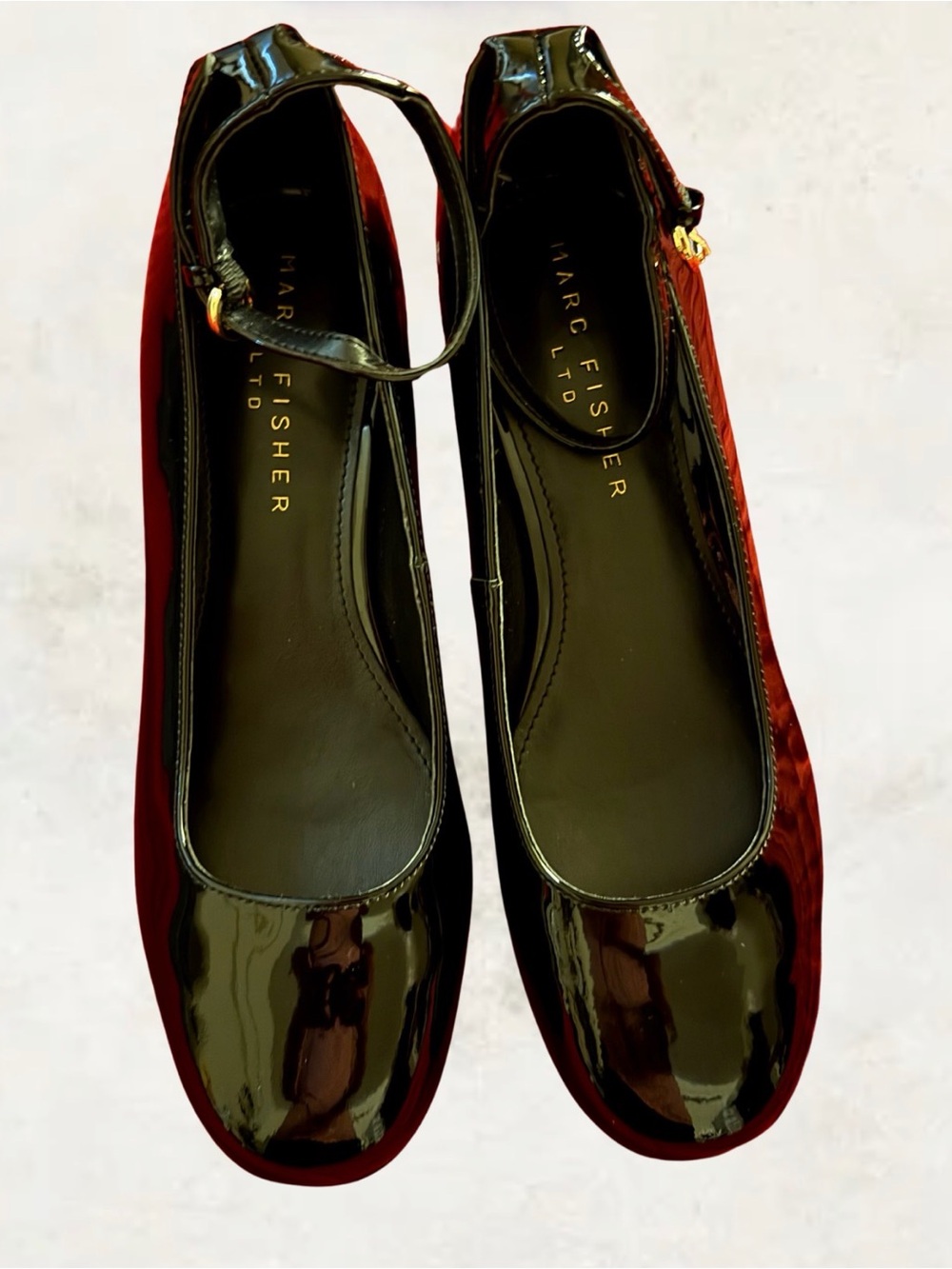 Marc Fisher Black Patent Toe with Burgundy Velvet Ankle-Strap Flats